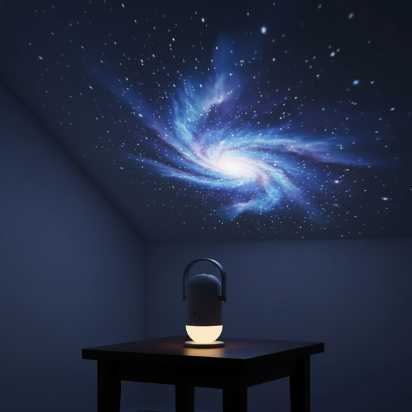 Close-up of the Hexlie StellarGlow projector emitting a sharp, realistic nebula and stars onto a wall in a dark room.