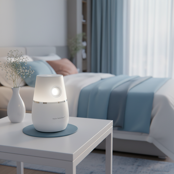 Close-up of Hexlie StellarGlow Star Projector on a bedside table, emitting a soft, warm glow in a minimalist bedroom.