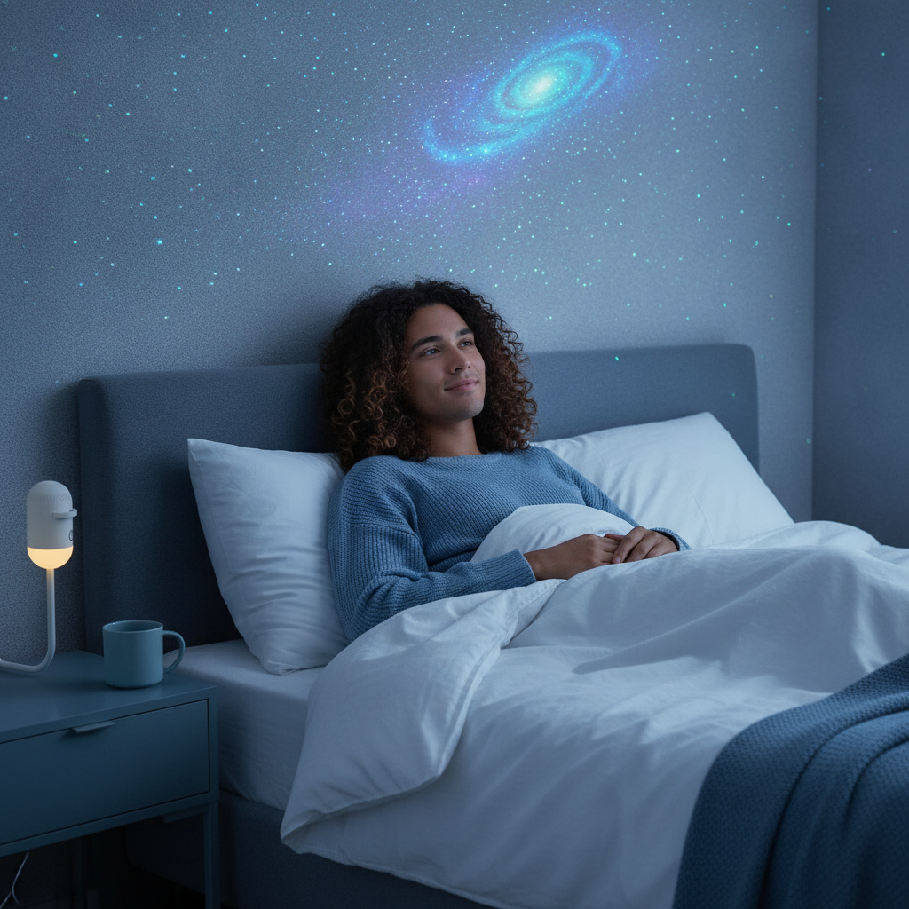 Young person relaxing in a bedroom under a starry galaxy projected by the Hexlie StellarGlow". The room is dimly lit with blu