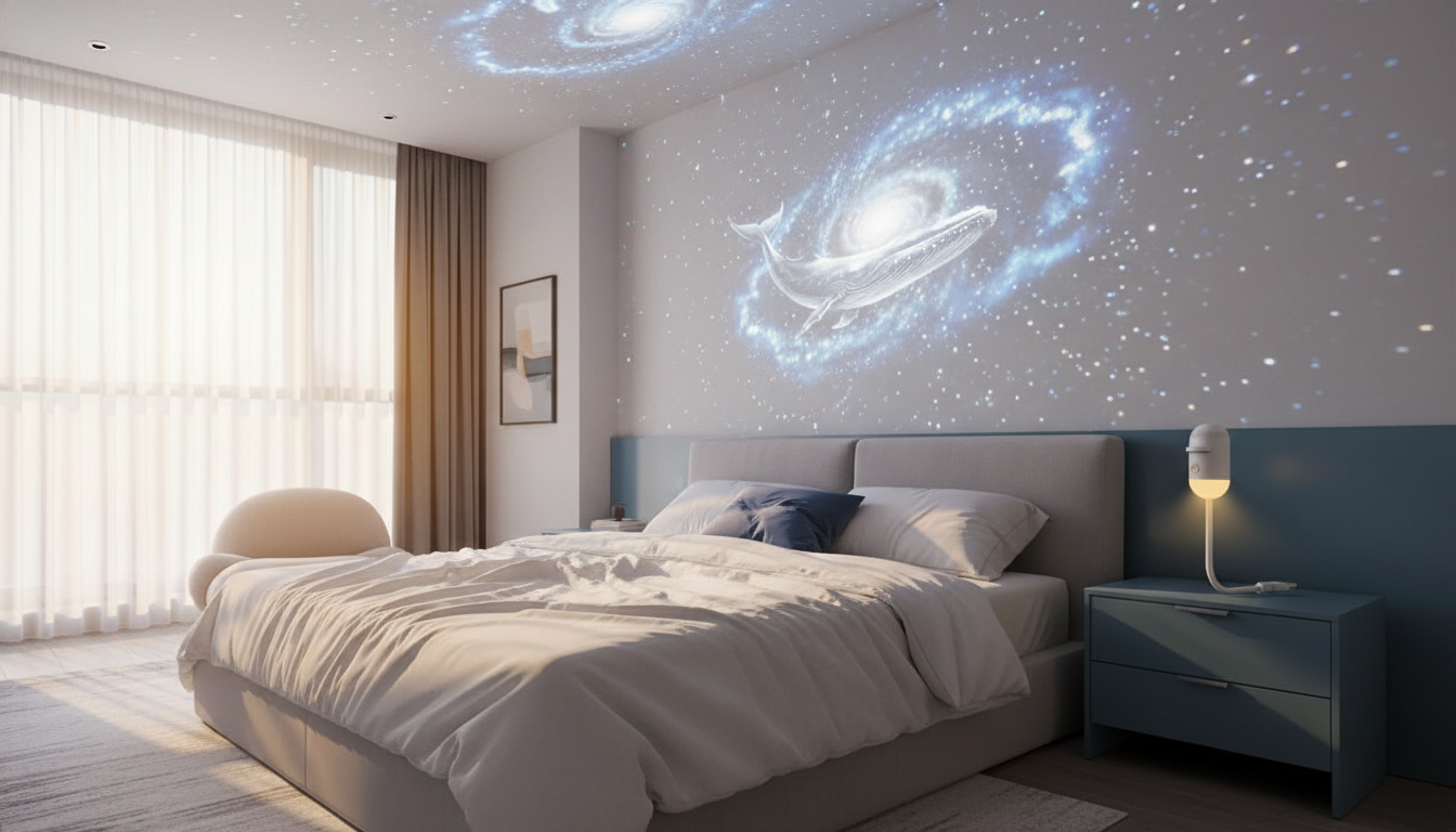 Hexlie StellarGlow Star Projector on a bedside table, projecting a galaxy onto a bedroom ceiling at dusk. The room is modern 