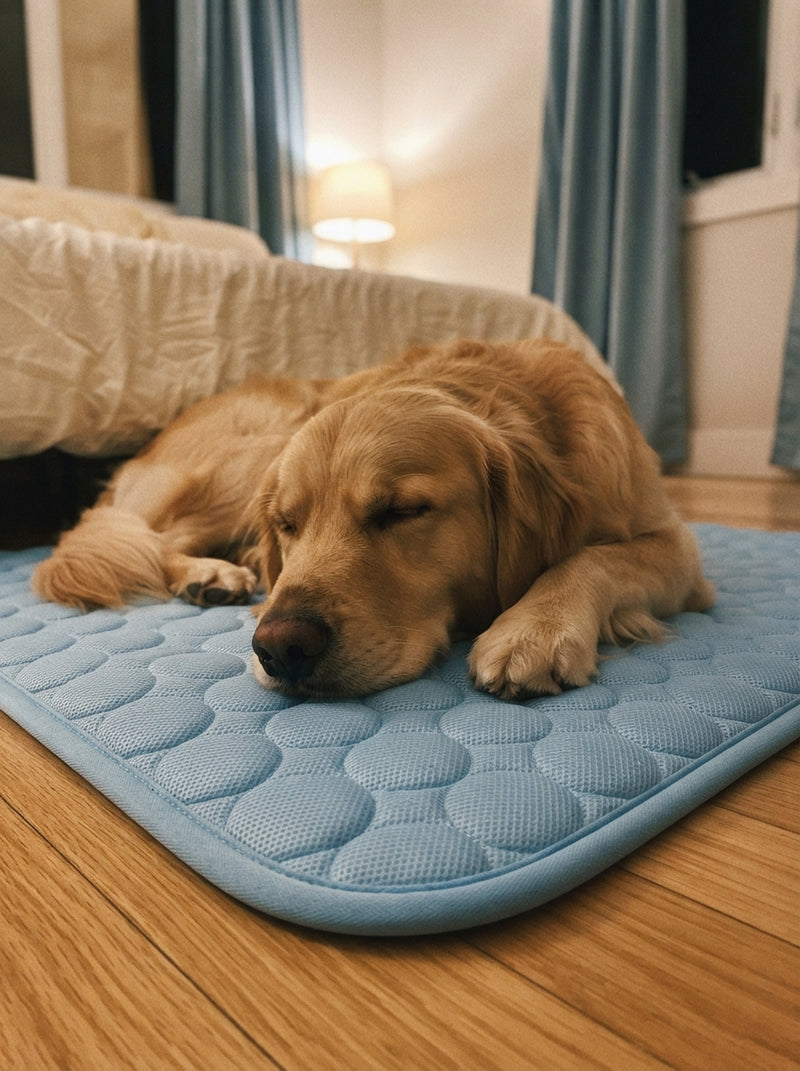 A golden retriever sleeping soundly on a blue self-cooling pet mat on a bedroom floor at night.