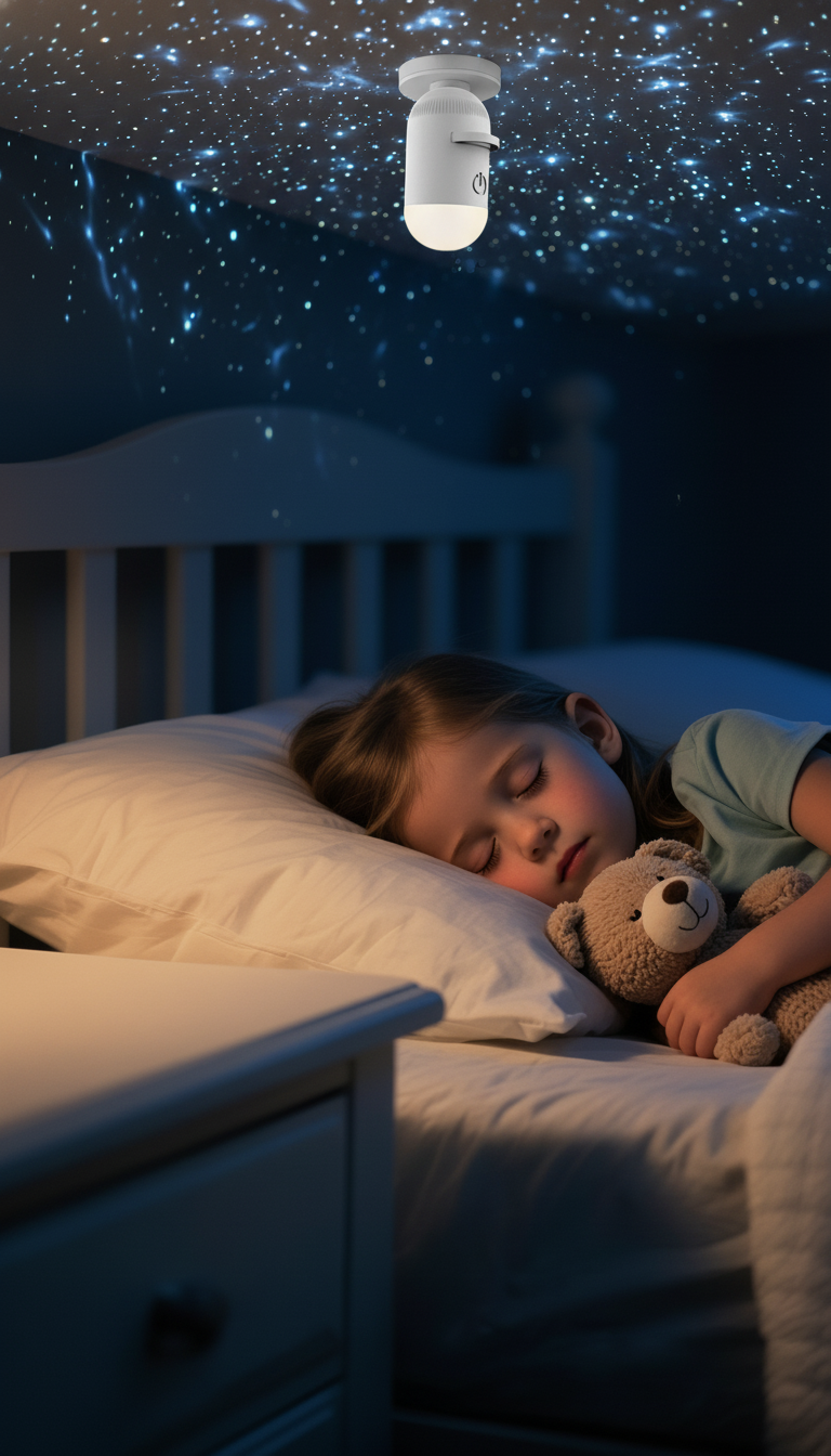 A Hexlie StellarGlow star projector casts a galaxy onto a bedroom ceiling, with the lower half of the room calm and unclutter