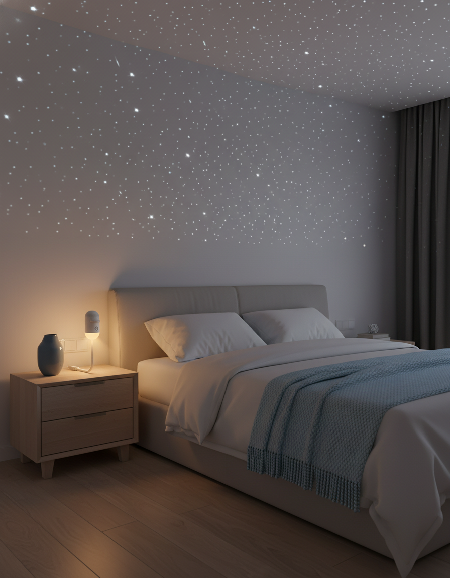 Hexlie StellarGlow Star Projector on a modern bedside table, projecting warm amber stars onto a bedroom ceiling.
