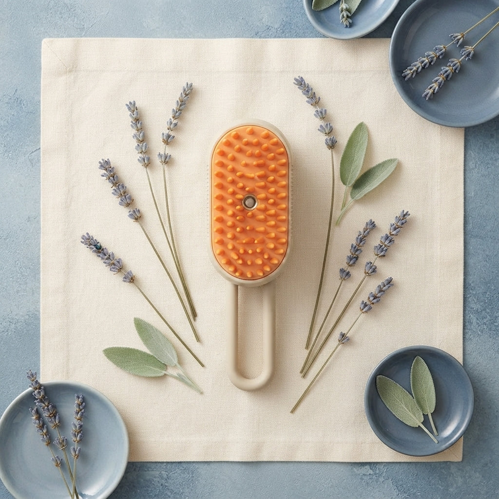 FurMist 3-in-1 grooming brush centered on a cream surface surrounded by lavender and sage sprigs in a soft blue-toned setting