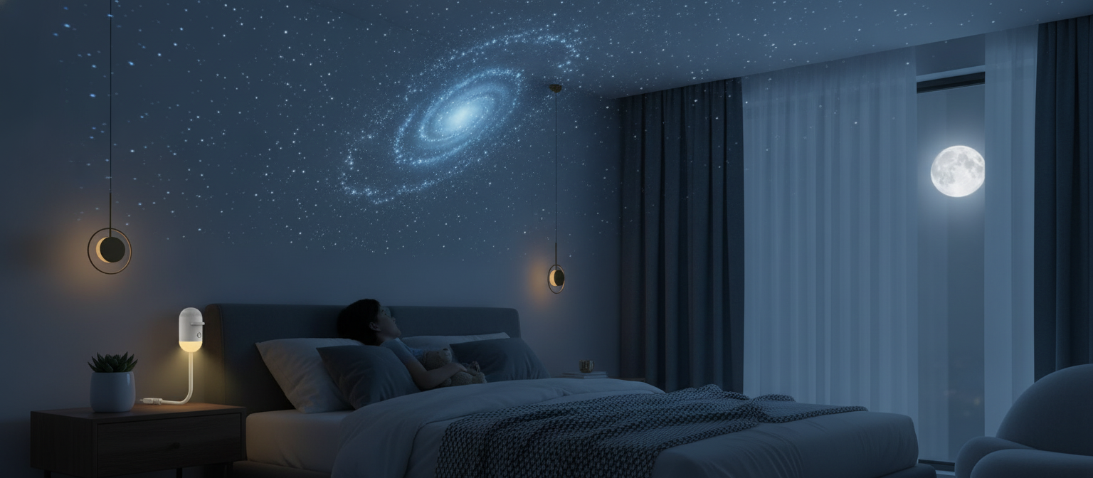 A serene bedroom at night with a Hexlie StellarGlow projector casting soft blue and white stars across the ceiling.